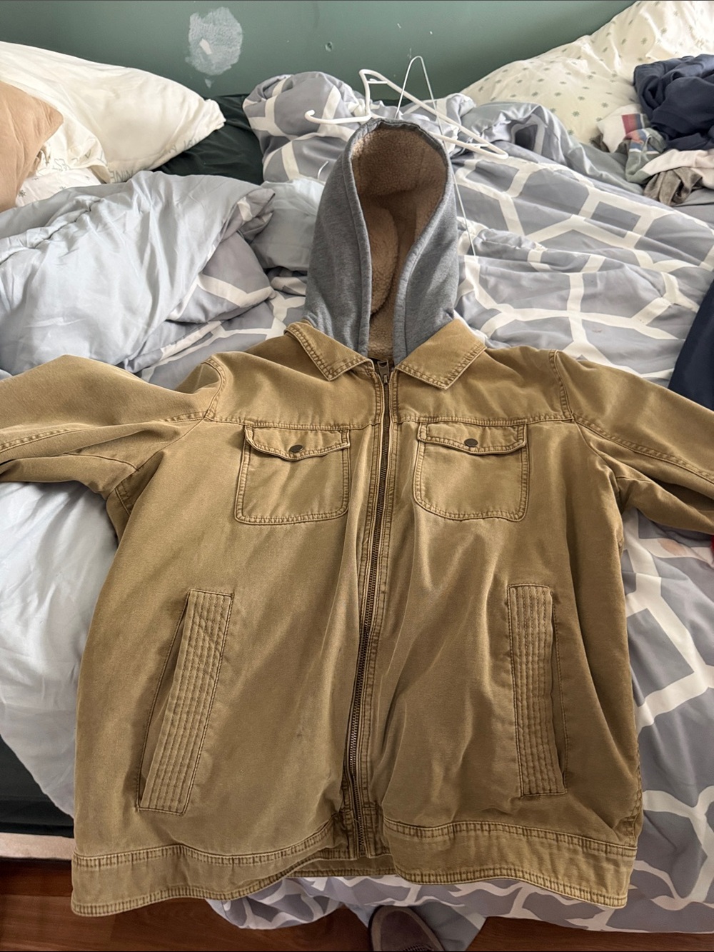 Guess Hooded Field Jacket in Tan with Gray Hood